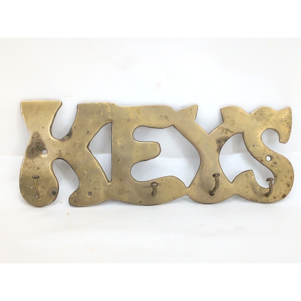Vintage Brass KEYS Wall Mounted 4 Hooks Key Rack Holder MCM Entry Way